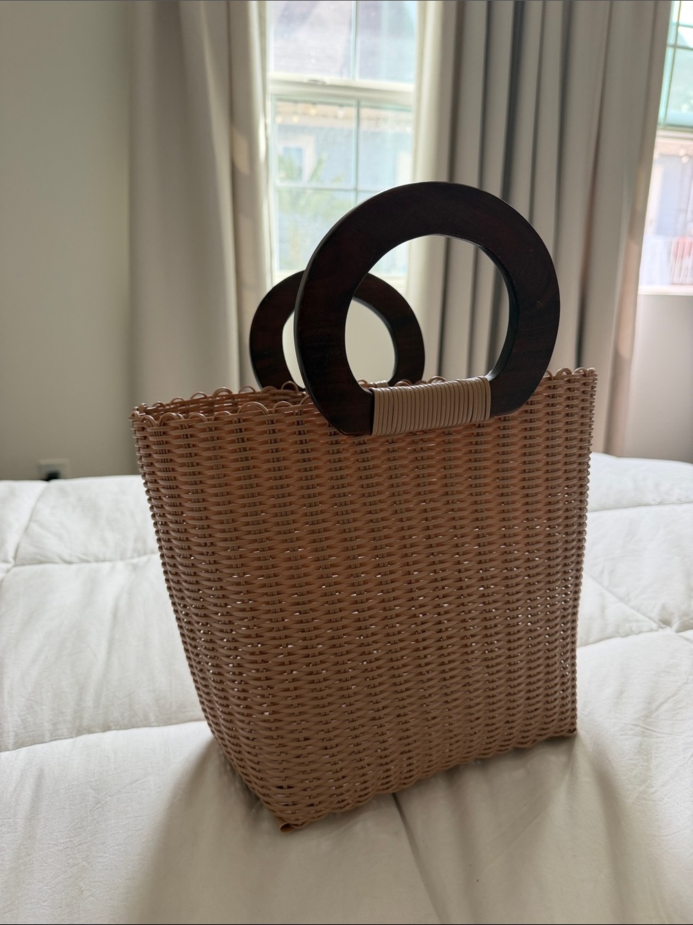 Woven Plastic Straw Tote Bag with Dark Wood Circle Handles - Beige